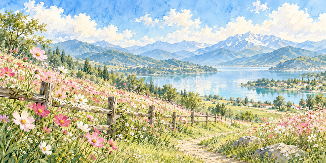 木柵の花道の水彩風景