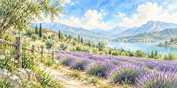 花畑の木柵｜ラベンダー畑の無料水彩風景イラスト素材 106051