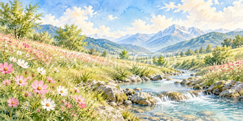 コスモスと小川｜コスモスの丘の無料水彩風景イラスト素材 106052