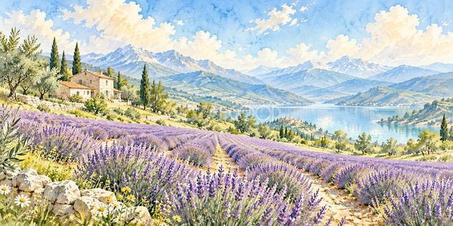 山を望む畑の水彩風景 山を望む畑の水彩風景
