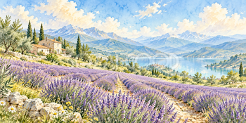 山を望む畑｜ラベンダー畑の無料水彩風景イラスト素材 106053