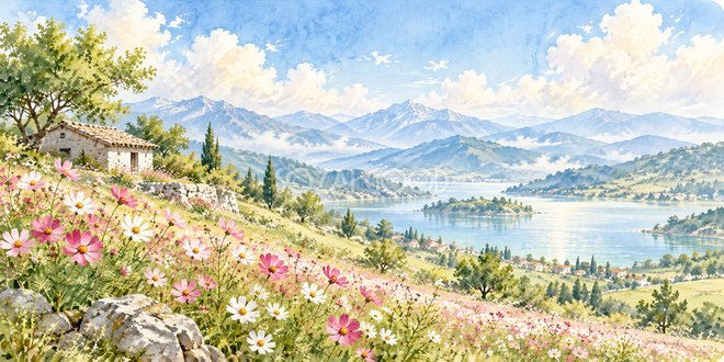 丘の小屋の水彩風景