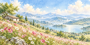 丘の小屋｜コスモスの丘の無料水彩風景イラスト素材 106054