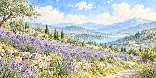 石壁と紫の花の水彩風景 石壁と紫の花の水彩風景
