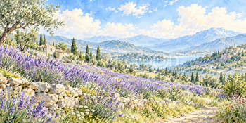 石壁と紫の花｜ラベンダー畑の無料水彩風景イラスト素材 106055
