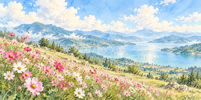 風に揺れる花の水彩風景 風に揺れる花の水彩風景
