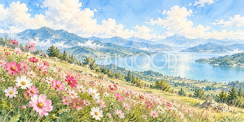 風に揺れる花｜コスモスの丘の無料水彩風景イラスト素材 106056