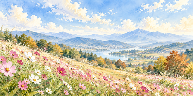 秋雲と花畑の水彩風景