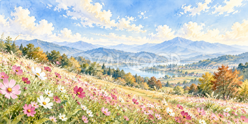 秋雲と花畑｜コスモスの丘の無料水彩風景イラスト素材 106058