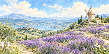 丘の風車｜ラベンダー畑の無料水彩風景イラスト素材 106059
