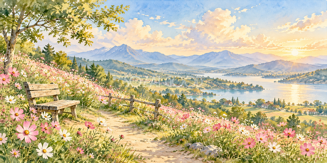 花畑のベンチの水彩風景 花畑のベンチの水彩風景
