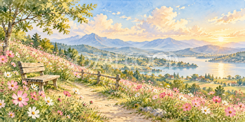 花畑のベンチ｜コスモスの丘の無料水彩風景イラスト素材 106060