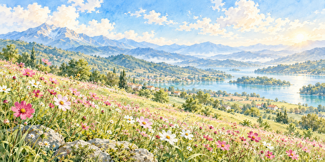 朝光の丘の水彩風景