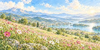 朝光の丘｜コスモスの丘の無料水彩風景イラスト素材 106062