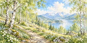 白樺の小道｜白樺の林の無料水彩風景イラスト素材 106066