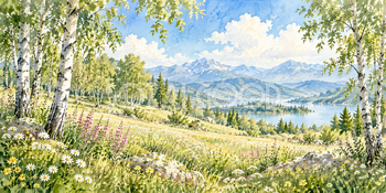 白樺と草原｜白樺の林の無料水彩風景イラスト素材 106067