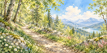 森の小道｜木漏れ日の森の無料水彩風景イラスト素材 106068
