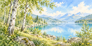 湖辺の白樺｜白樺の林の無料水彩風景イラスト素材 106069