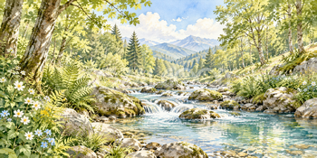 小川の木漏れ日｜木漏れ日の森の無料水彩風景イラスト素材 106070