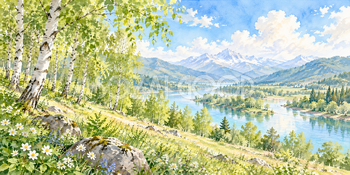 新緑の白樺｜白樺の林の無料水彩風景イラスト素材 106071