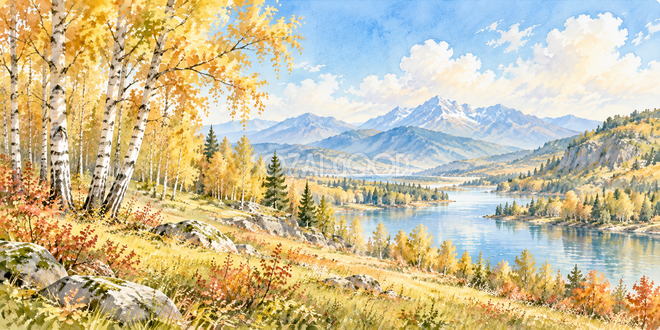 秋色の林の水彩風景 秋色の林の水彩風景