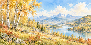 秋色の林｜白樺の林の無料水彩風景イラスト素材 106072
