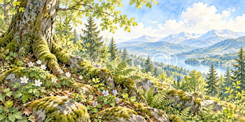 苔と古木｜木漏れ日の森の無料水彩風景イラスト素材 106073