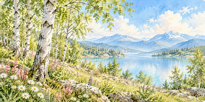 白樺と野花の水彩風景 白樺と野花の水彩風景