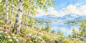 白樺と野花｜白樺の林の無料水彩風景イラスト素材 106074