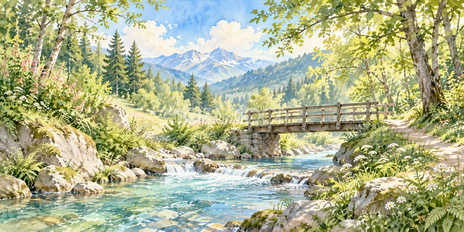 森の木橋の水彩風景 森の木橋の水彩風景