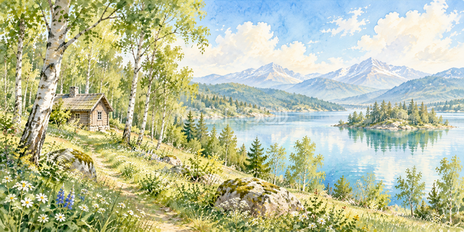 林の小屋の水彩風景 林の小屋の水彩風景