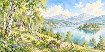 林の小屋｜白樺の林の無料水彩風景イラスト素材 106076