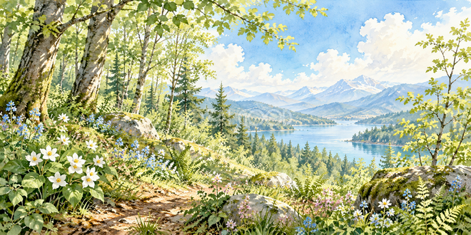 花咲く林床の水彩風景 花咲く林床の水彩風景