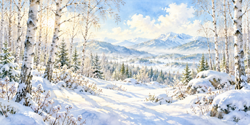 雪の白樺｜白樺の林の無料水彩風景イラスト素材 106078