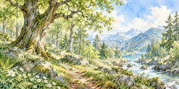 大樹のある森｜木漏れ日の森の無料水彩風景イラスト素材 106079
