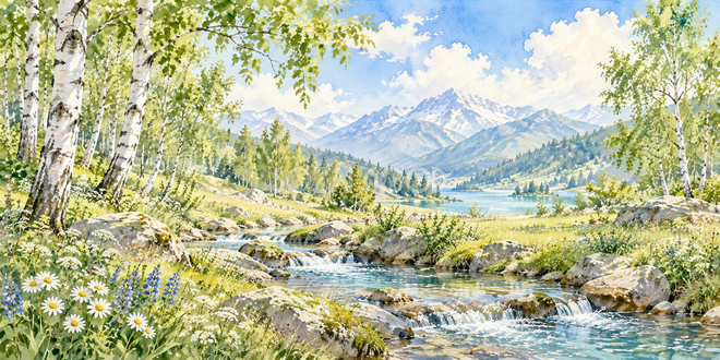 白樺と小川の水彩風景 白樺と小川の水彩風景