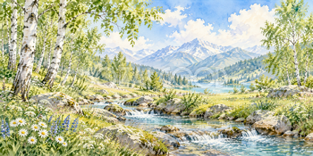 白樺と小川｜白樺の林の無料水彩風景イラスト素材 106080
