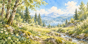 森の開けた場所｜木漏れ日の森の無料水彩風景イラスト素材 106081