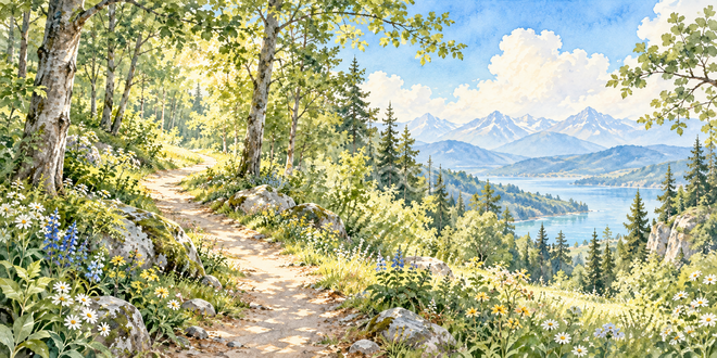 曲がり道の光の水彩風景 曲がり道の光の水彩風景