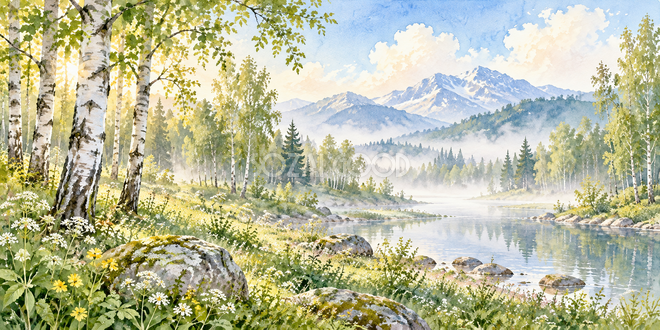 朝霧の白樺の水彩風景 朝霧の白樺の水彩風景