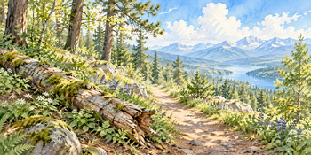 森の丸太｜木漏れ日の森の無料水彩風景イラスト素材 106087