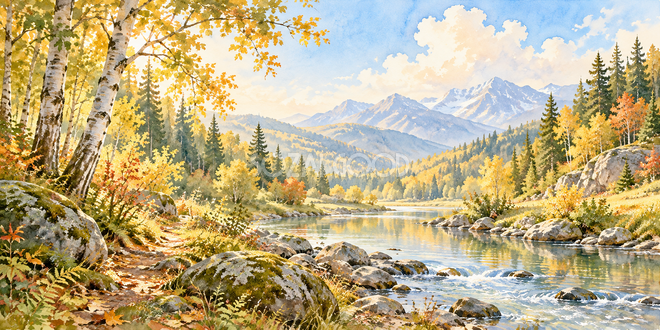 初秋の森の水彩風景 初秋の森の水彩風景
