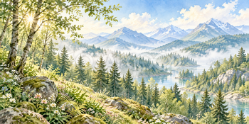 朝霧の森｜木漏れ日の森の無料水彩風景イラスト素材 106089