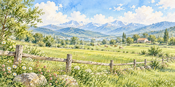 木柵の牧場｜牧場と草原の無料水彩風景イラスト素材 106092