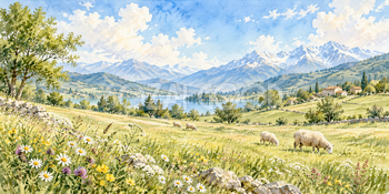 羊の草原｜牧場と草原の無料水彩風景イラスト素材 106093