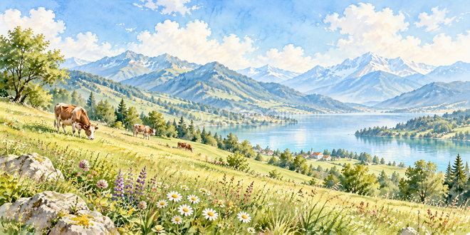牛のいる丘の水彩風景