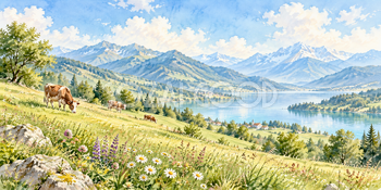 牛のいる丘｜牧場と草原の無料水彩風景イラスト素材 106094