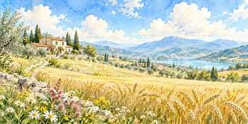 麦畑の農家｜田園と農家の無料水彩風景イラスト素材 106095