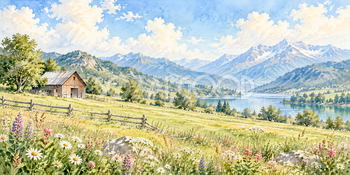 牧場の納屋｜牧場と草原の無料水彩風景イラスト素材 106096
