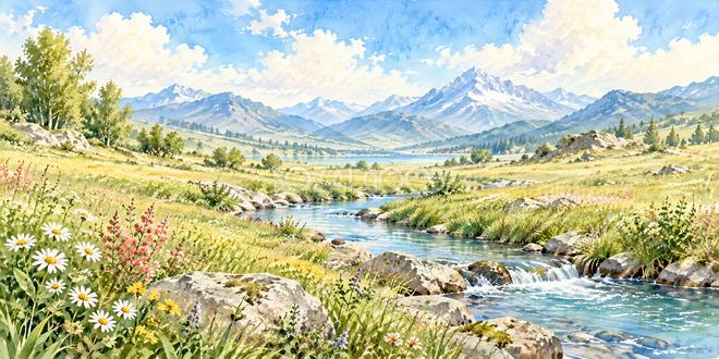 草原の小川の水彩風景